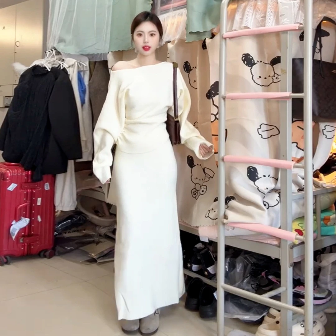 法式长袖白色一字肩针织连衣裙子女秋冬2025新款韩系穿搭套装长裙