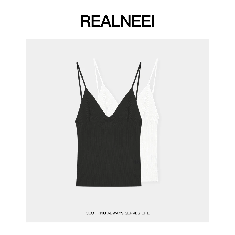 REALNEEI【优雅吊带】极简桑蚕丝透气薄款V领搭配吊带背心上衣22475