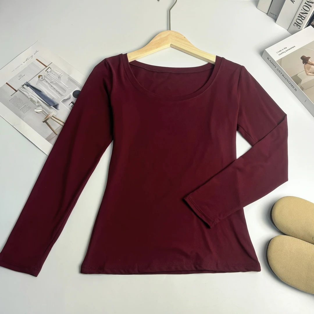 玲姐定制-圆领纯色修身紧身显瘦收腰打底衫玻色因面膜衣磨毛95911