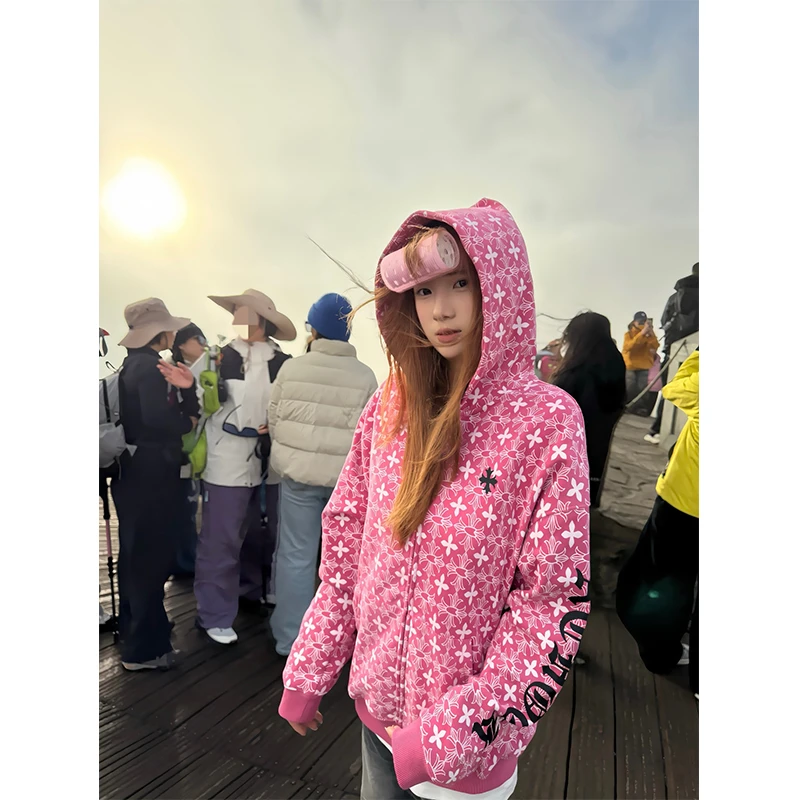 美式高街哥特风连帽卫衣女秋冬新款梵文满印开衫小众宽松拉链外套