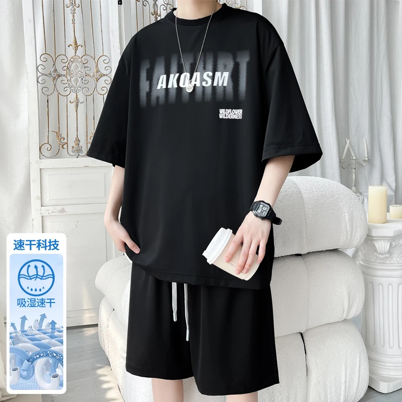 霄桂姿青少年冰丝套装夏季潮流印花时尚休闲短袖五分裤衣服两件套