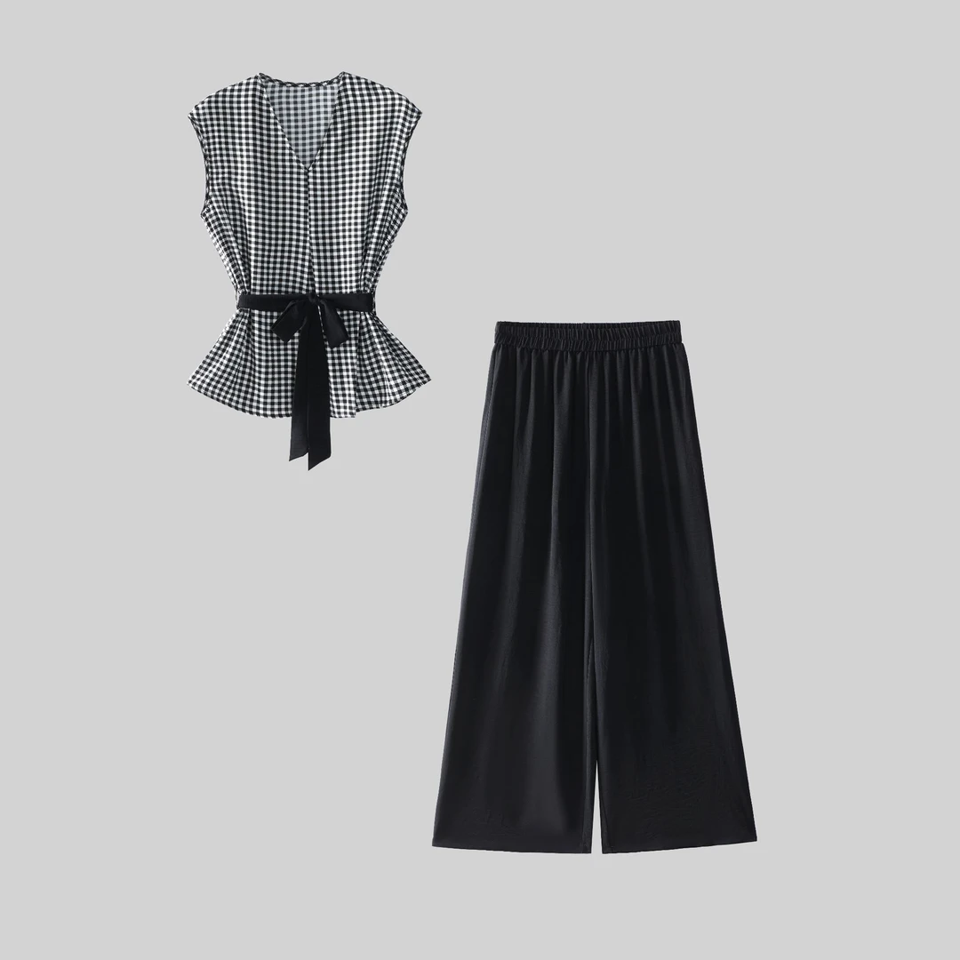 【三件套】时尚套装2025夏季新款减龄上衣+休闲裤+腰带套装L0509