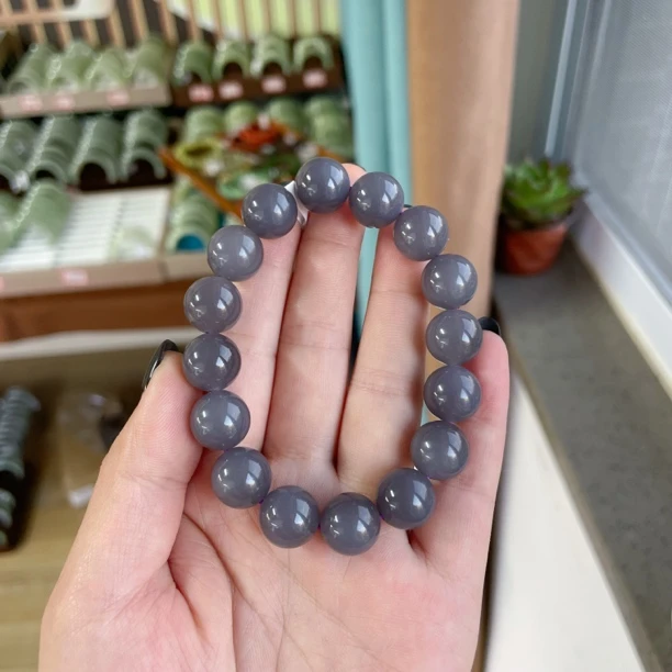 天然玉石和田玉烟紫手串卡12mm圆珠百搭款手串手链