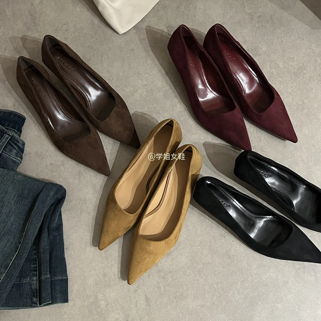 法式细跟尖头单鞋女鞋2025年春秋新款绒面浅口通勤百搭气质高跟鞋