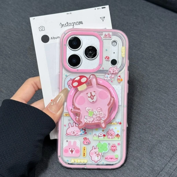 喵六家二合一可爱细闪粉色卡娜赫拉摇摇乐磁吸手机壳适用于苹果