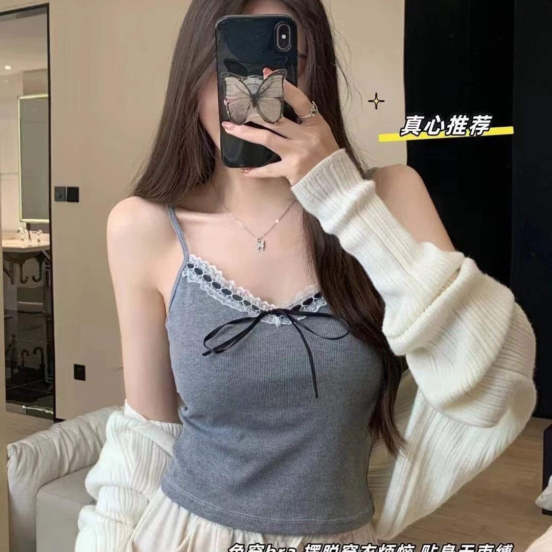 甜系财宝妹蕾丝结小吊带美背背心带胸垫裹胸外穿打底短款上衣