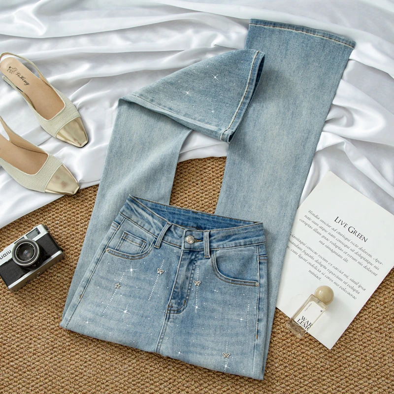 微喇牛仔裤女春季2024新款高腰小个子修身显瘦马蹄烫钻裤子