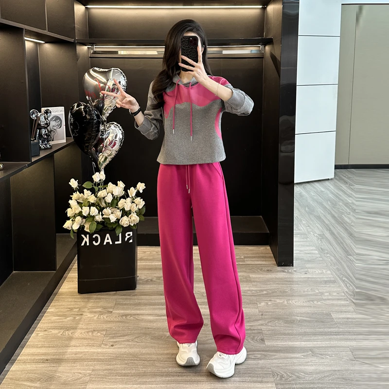2025春装高级感时尚休闲运动套装女韩版连帽卫衣直筒裤两件套潮牌