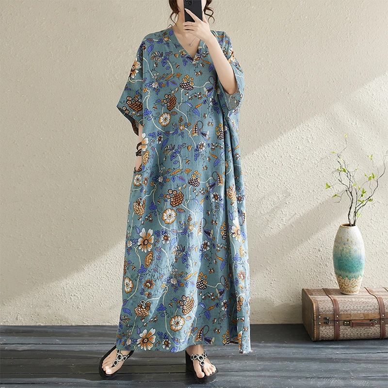 复古花色度假风大码V领长裙女装2025夏季遮肉棉麻民族风连衣裙