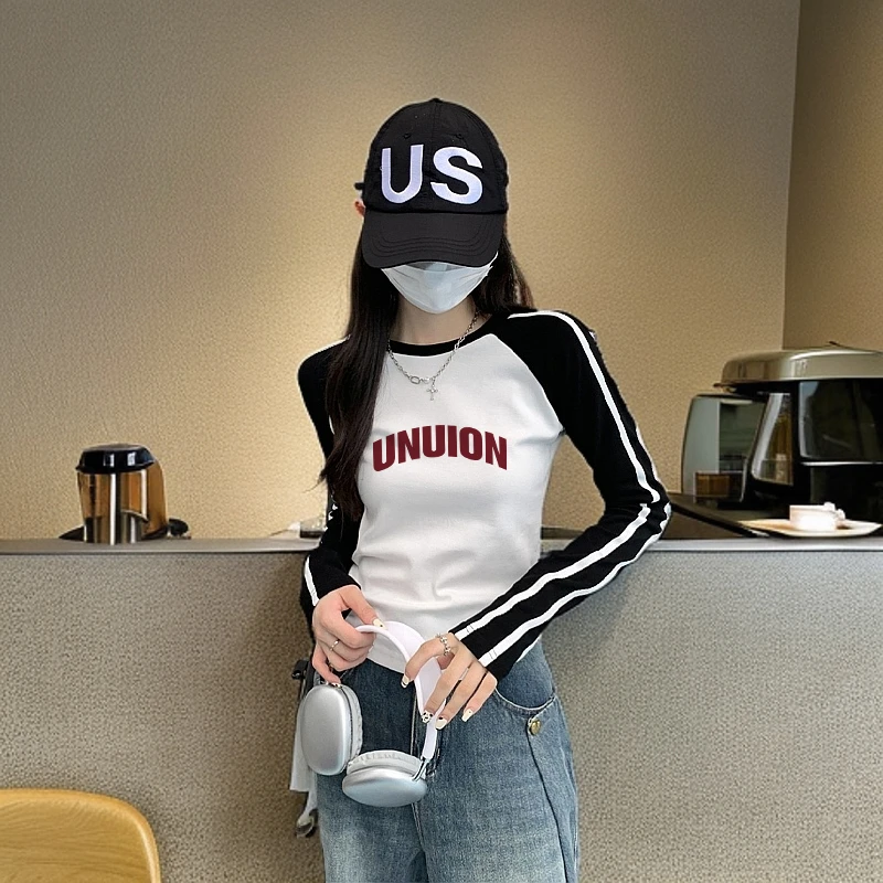 欧货独特别致打底衫女内搭秋冬新款撞色插肩短款长袖T恤修身上衣