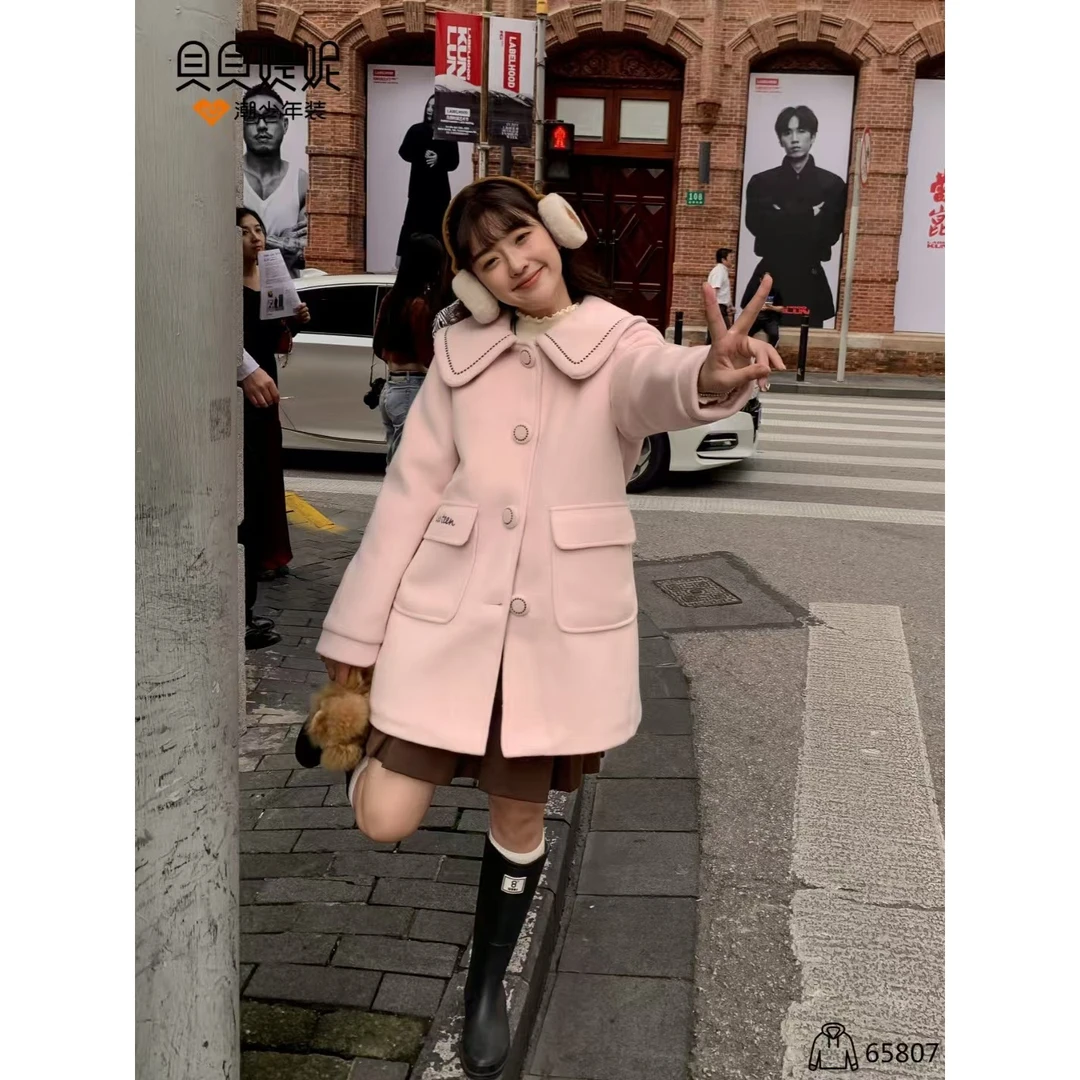65807高端专享老林家青少年冬季毛呢大衣粉色