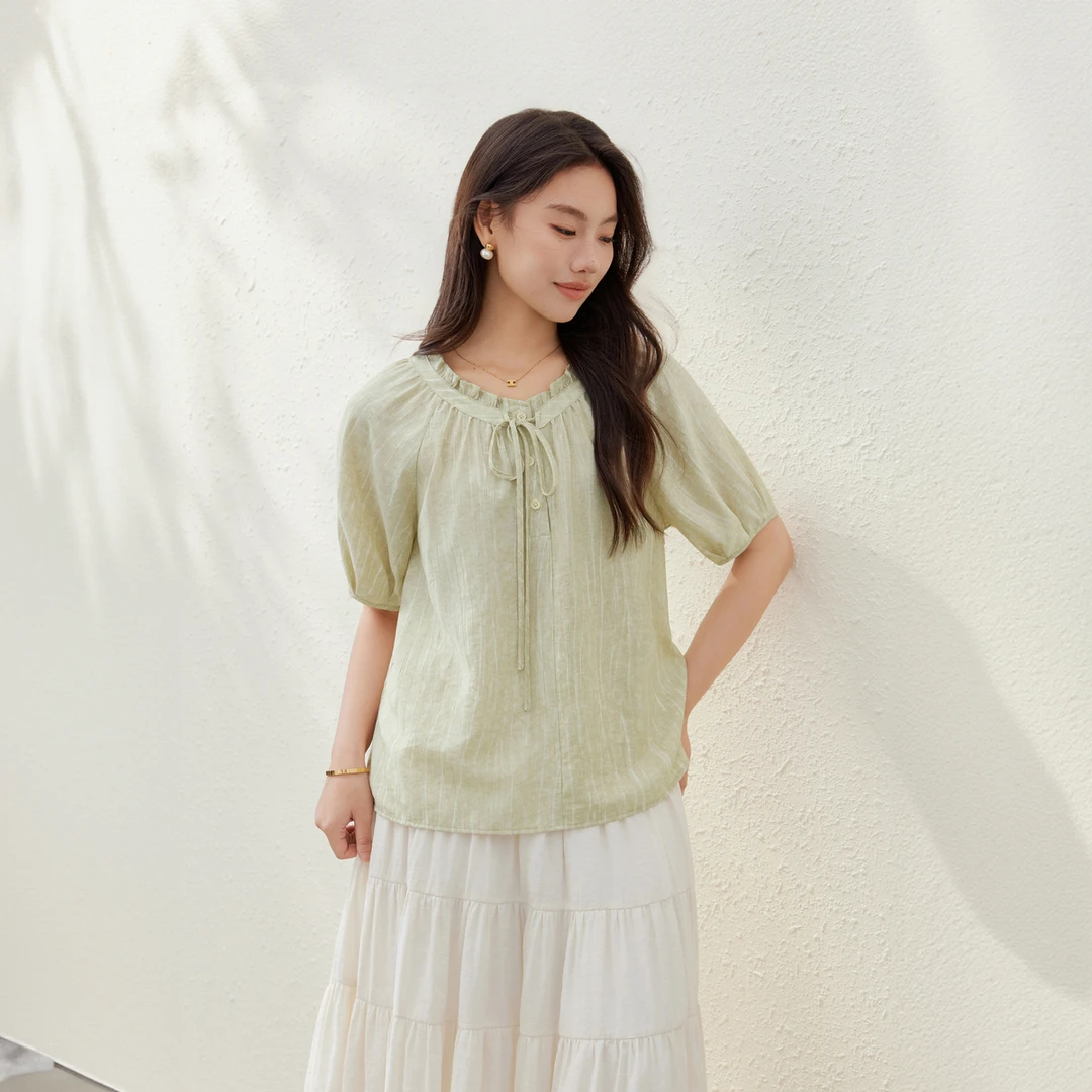 【小荷初露】纤莉秀2025夏装大码女装简约气质优雅别致衬衫QK2425