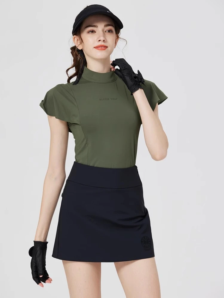 BLKTEE高尔夫女装高领短袖上衣甜美荷叶边球衣高端女士衣服修身