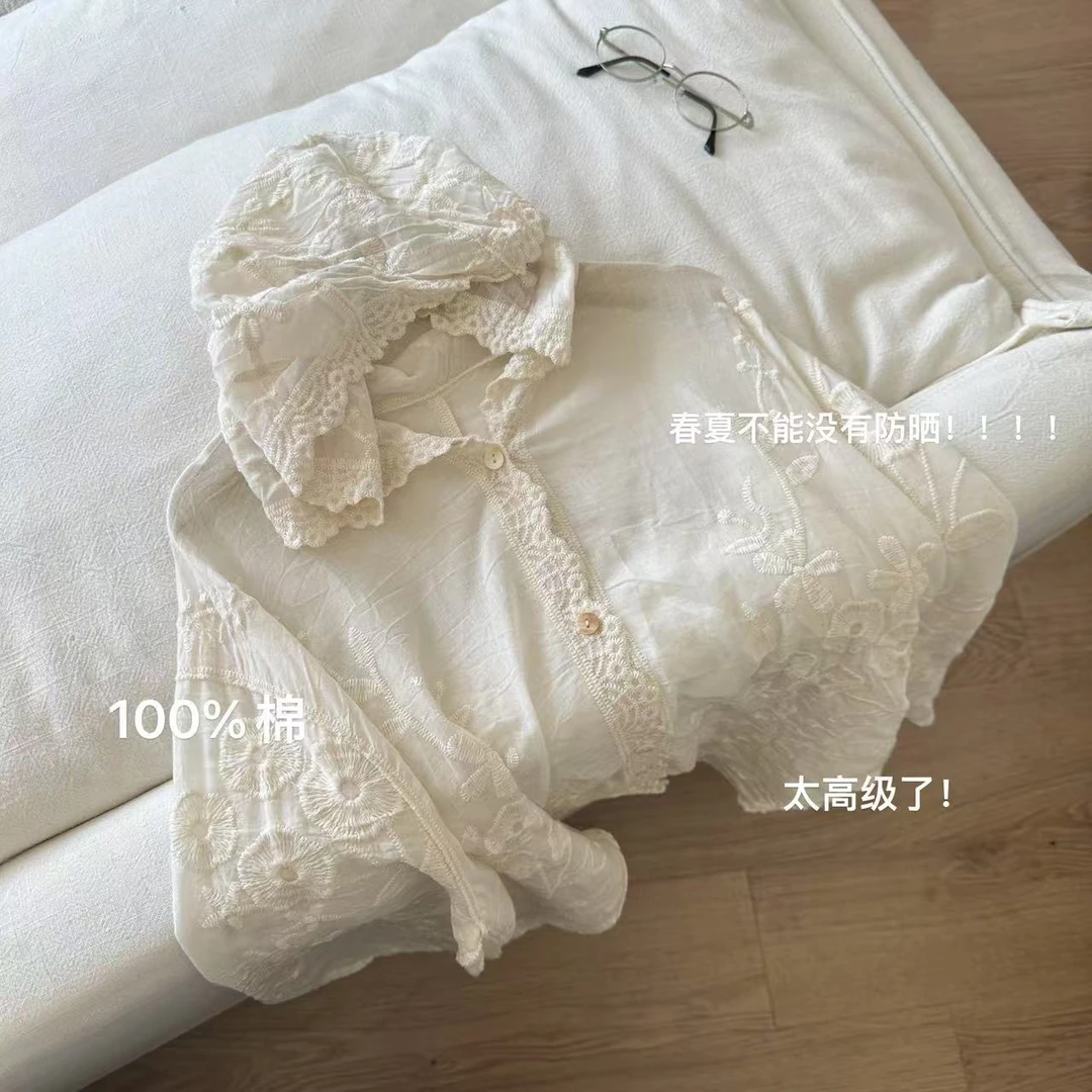 小文姐 W1240-重工刺绣钩花连帽开衫森系韩版文艺范长袖衬衫女