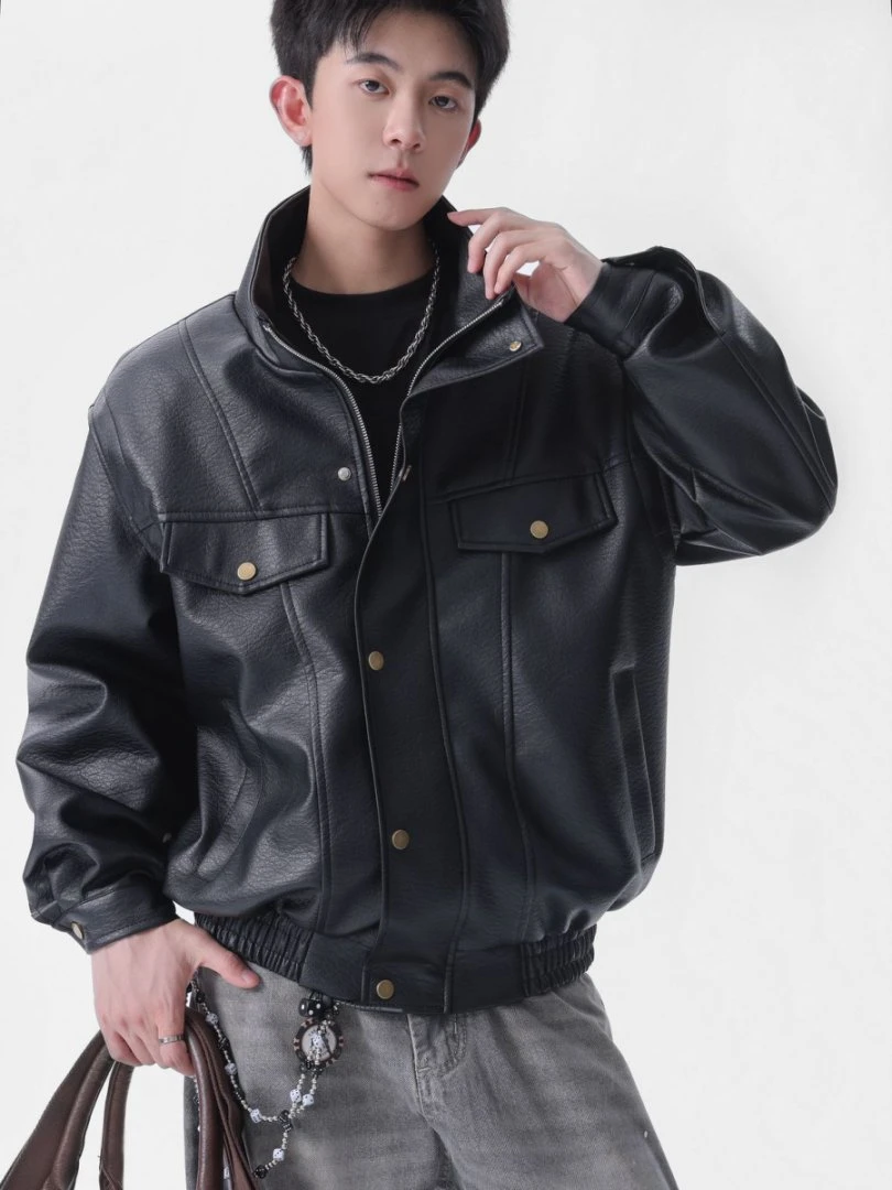 （送项链）秋装新款翻领皮夹克外套男宽松情侣外套潮美式休闲工装
