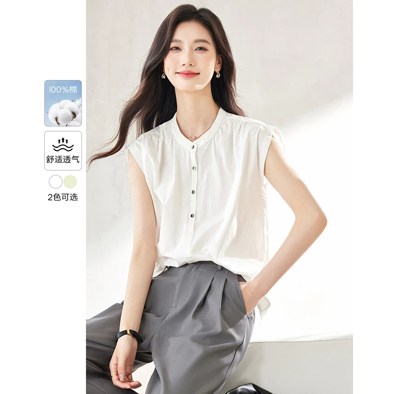 *时尚百搭通勤衬衫夏款棉质纯色无袖便携圆领上衣16672