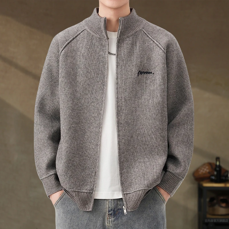 美式高端重磅加厚开衫毛衣男秋冬新款宽松慵懒风立领针织拉链外套