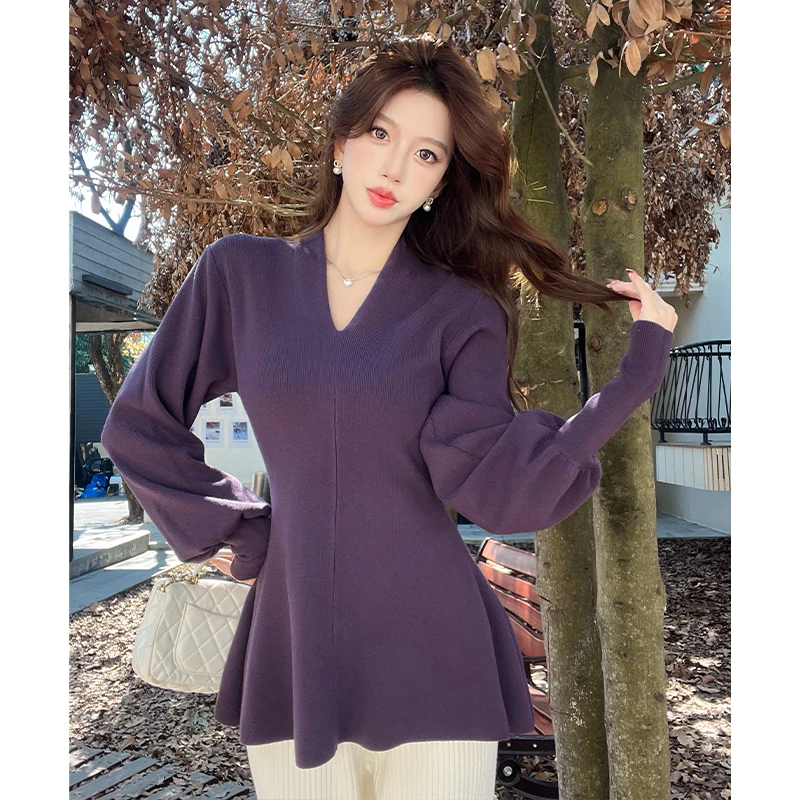 法式温柔气质v领灯笼袖毛衣针织衫女独特绝美紫色慵懒风上衣秋