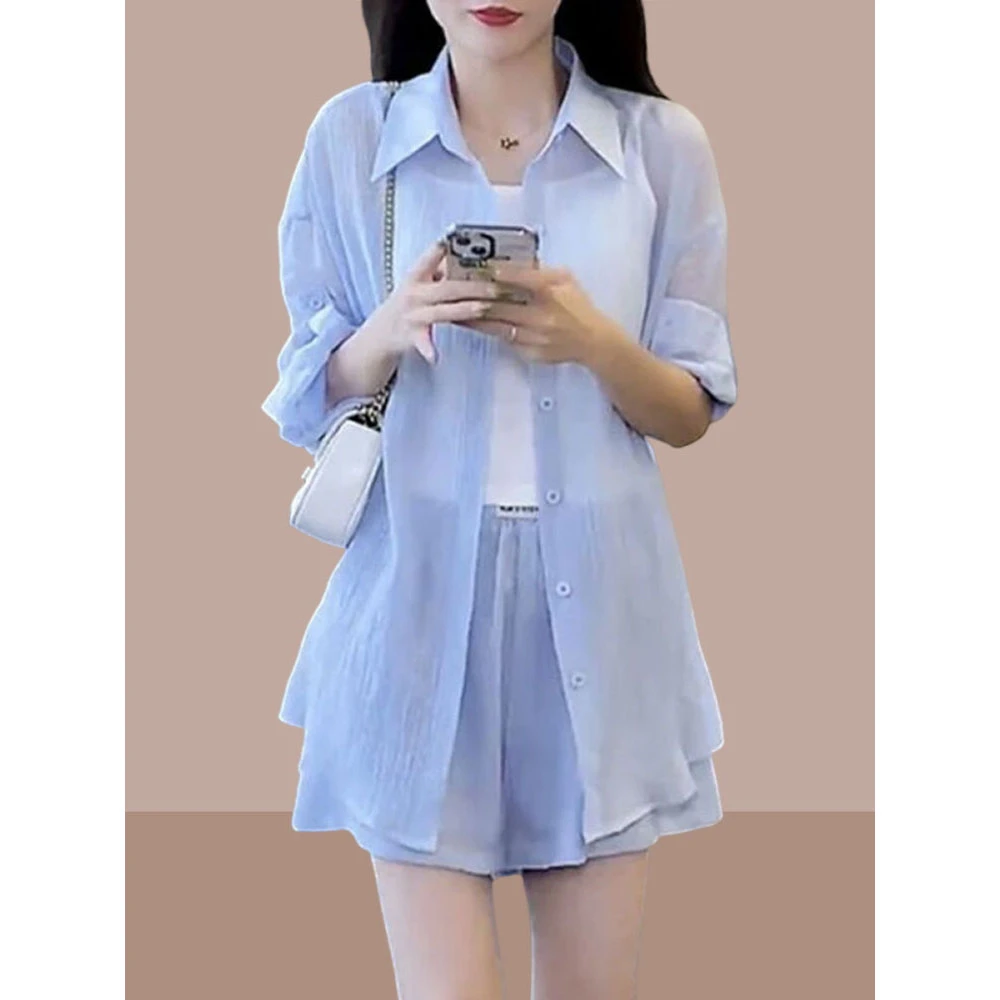 小香风防晒套装女2025年夏季新款洋气宽松减龄休闲衬衣短裤两件套