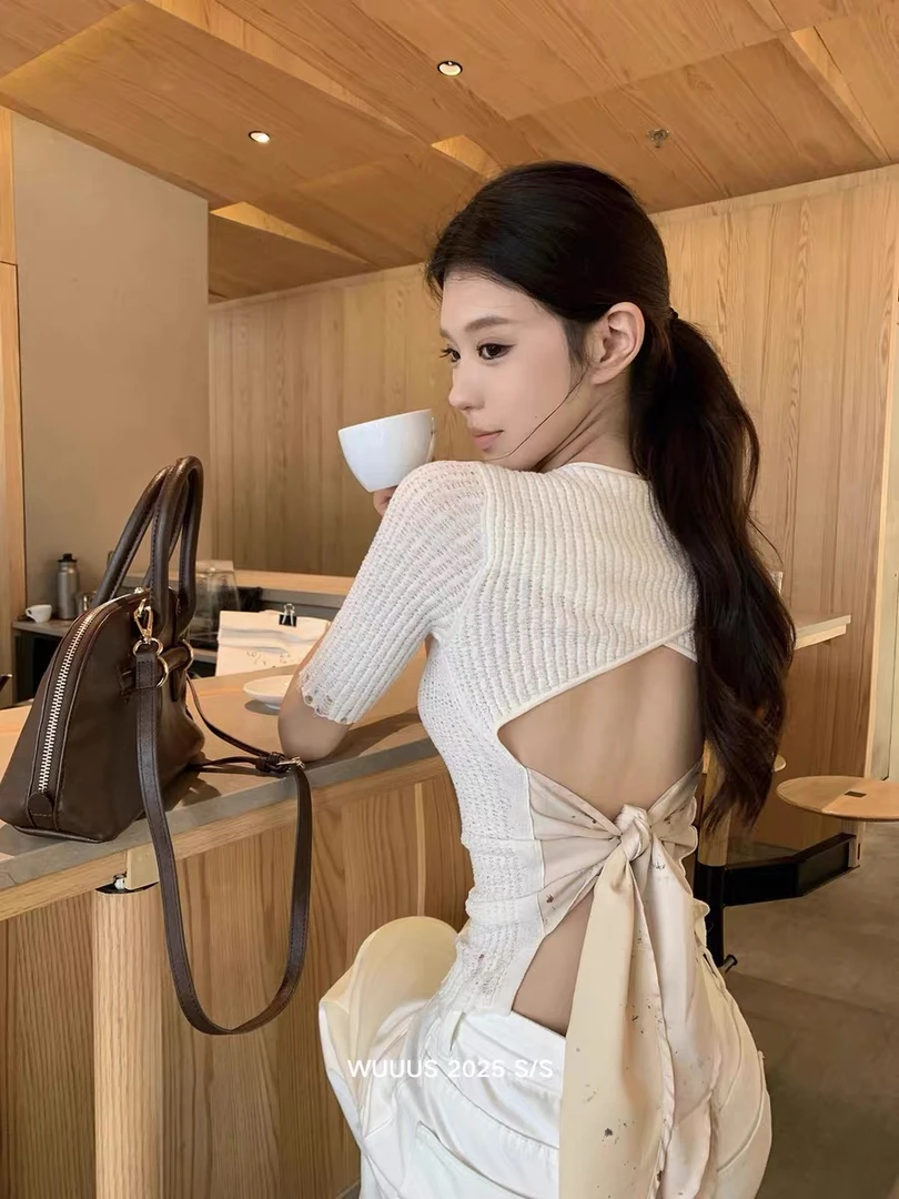 （海狮）定制绑带丝缎露背做旧针织衫女性感镂空上衣