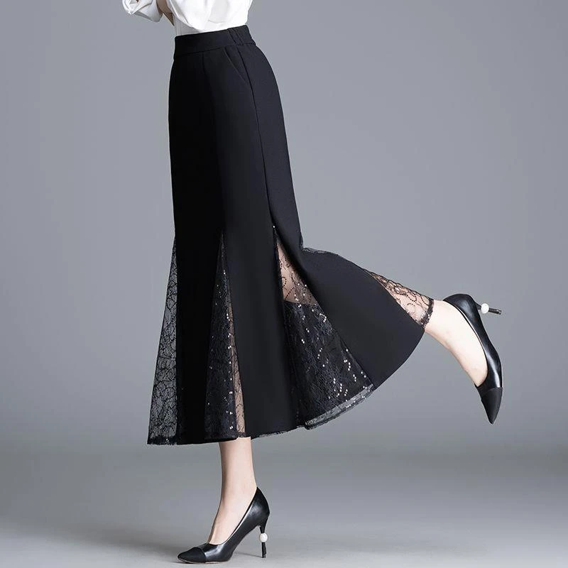 洋气女装春夏新款蕾丝拼接中长款A字裙满天星高腰烫银鱼尾显瘦半