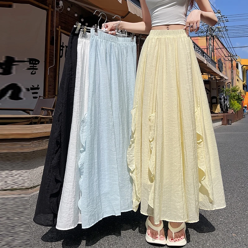 大码微胖荷叶边棉麻半身裙女2025夏季薄款甜美a字高腰大摆花边伞
