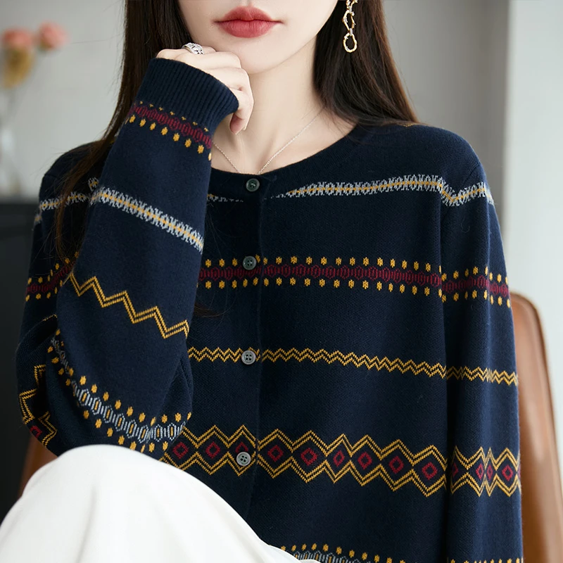 哥弟阿玛施正品针织衫100%羊毛秋冬季保暖圆领开衫薄款提花外搭