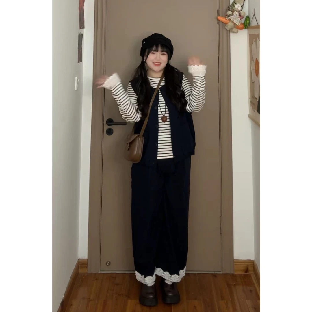 大码韩系条纹上衣马甲阔腿裤三件套女早秋胖mm2025超火穿搭一整套