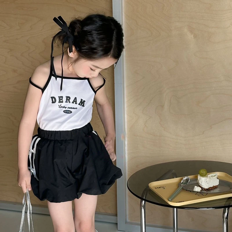 小女孩洋气套装夏女童大蝴蝶结短裤吊带两件套夏儿童海边度假衣服