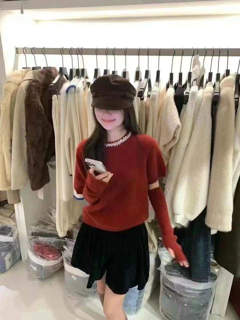 兰兰家手套袖子时尚百搭圆领长袖套头半高领带钻针织毛衫