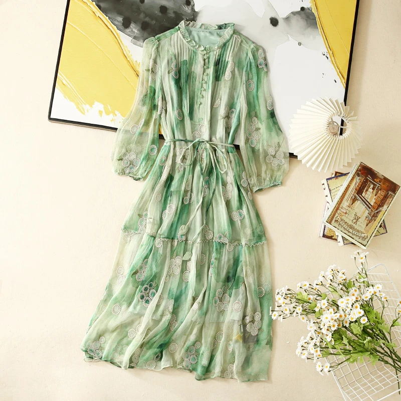 欧洲站新款2024春收腰法式茶歇桑蚕丝裙绿色真丝印花长裙连衣裙