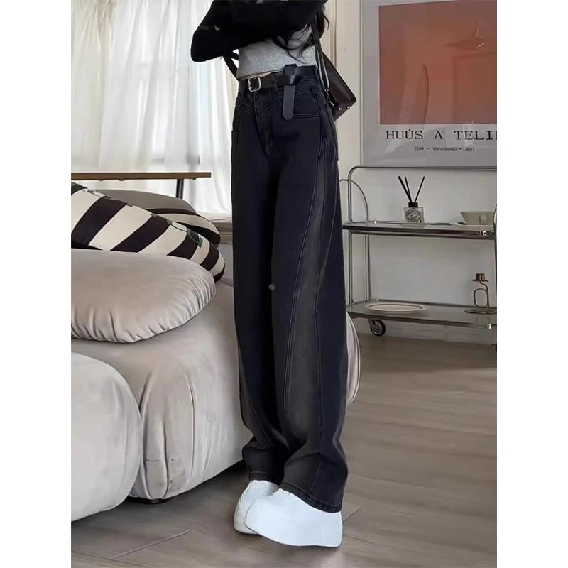 牛仔裤女春秋2025年新款高腰垂感直筒大码显瘦小个子拖地阔腿裤子