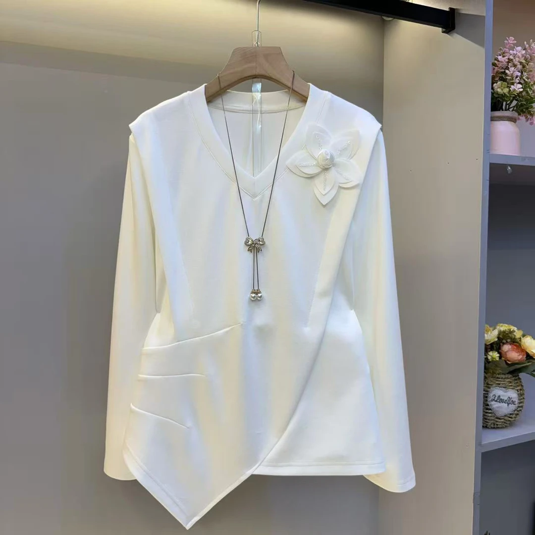 欧货2025秋季新款V领设计感花朵气质女人衫
