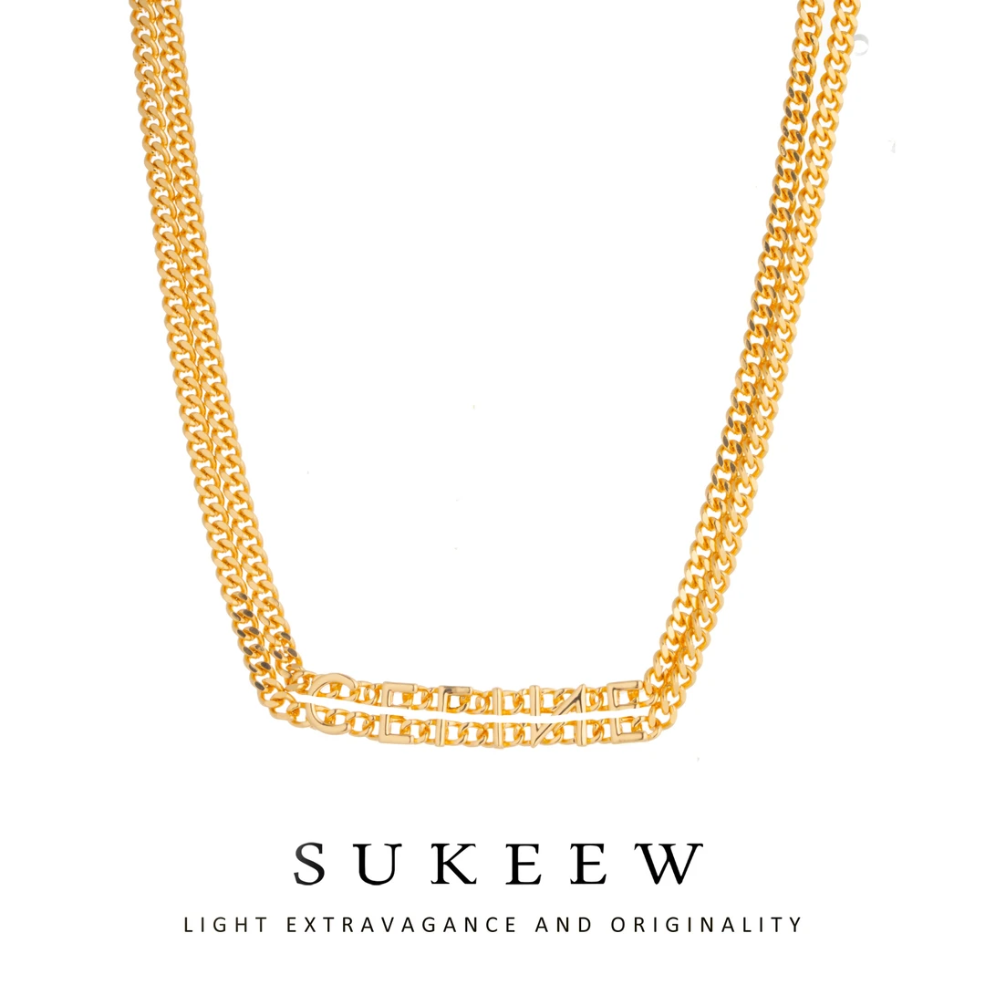 镀k金 双层链条设计字母潮酷项链101603