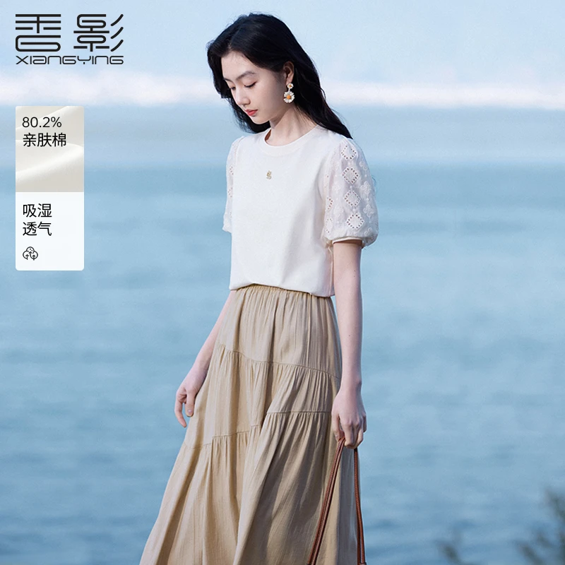 【直播专享】T85S172 T恤 香影泡泡袖女圆领夏装新款淑女拼接刺绣