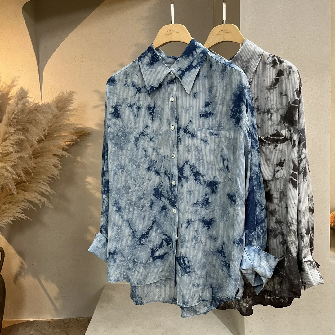 Li Wang/里望设计师款  扎染腔调设计 桑蚕丝撞色衬衫衬衣上衣