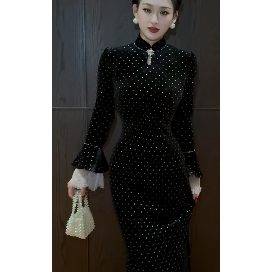 肆意【繁星 】原创自制丝绒波点袖绣珠链长袖旗袍显瘦秋冬长款加厚