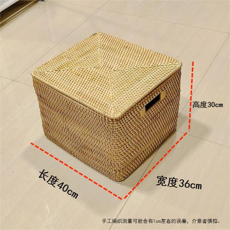 天然藤条手工编织衣物提手收纳筐带盖40*36*30cm