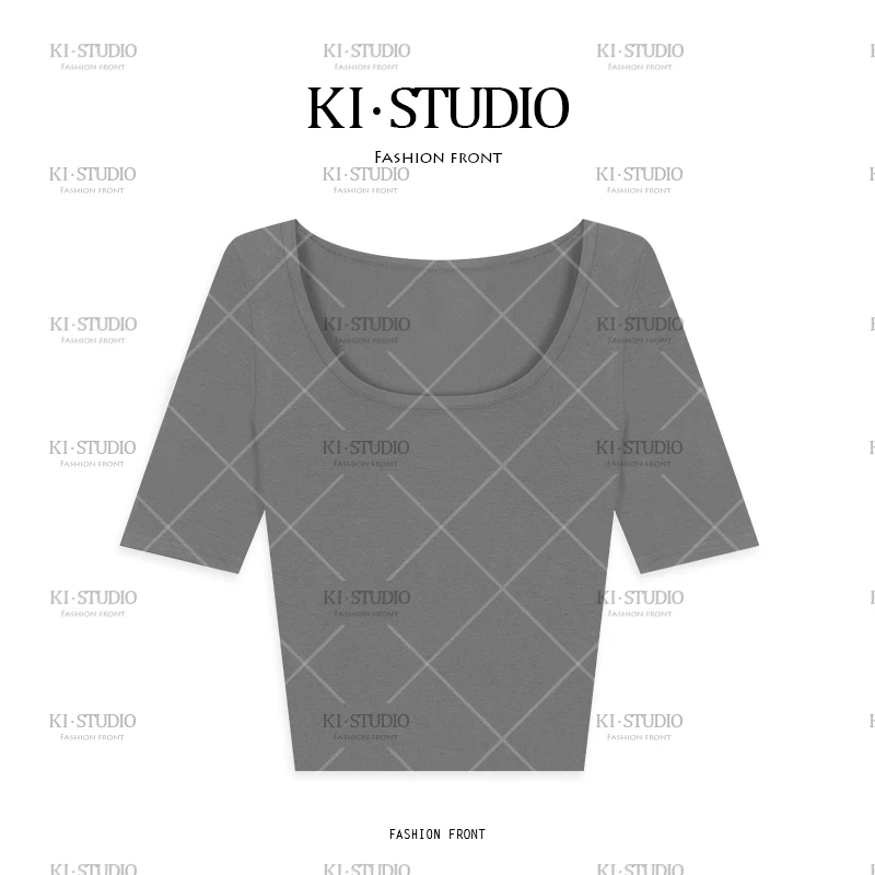 百搭气质风富婆风纯色常规显瘦针织T恤拼接圆领中袖KI-1872