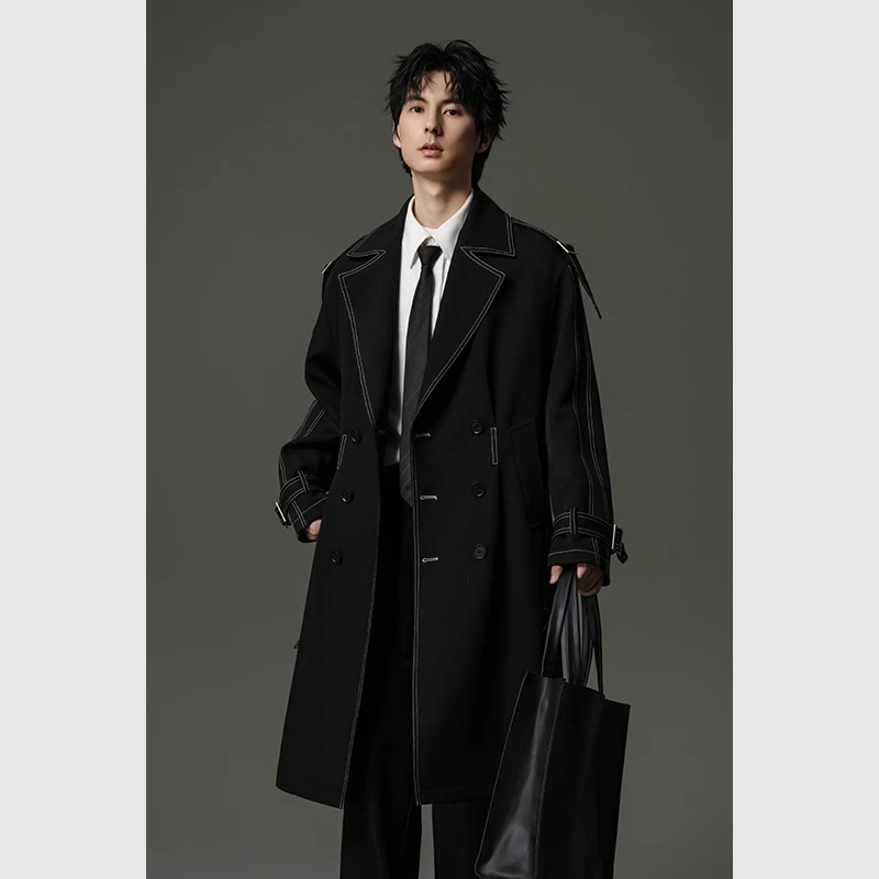 秋冬季重磅拉风男士风衣中长款黑色显帅百搭垂感宽松韩版英伦风15