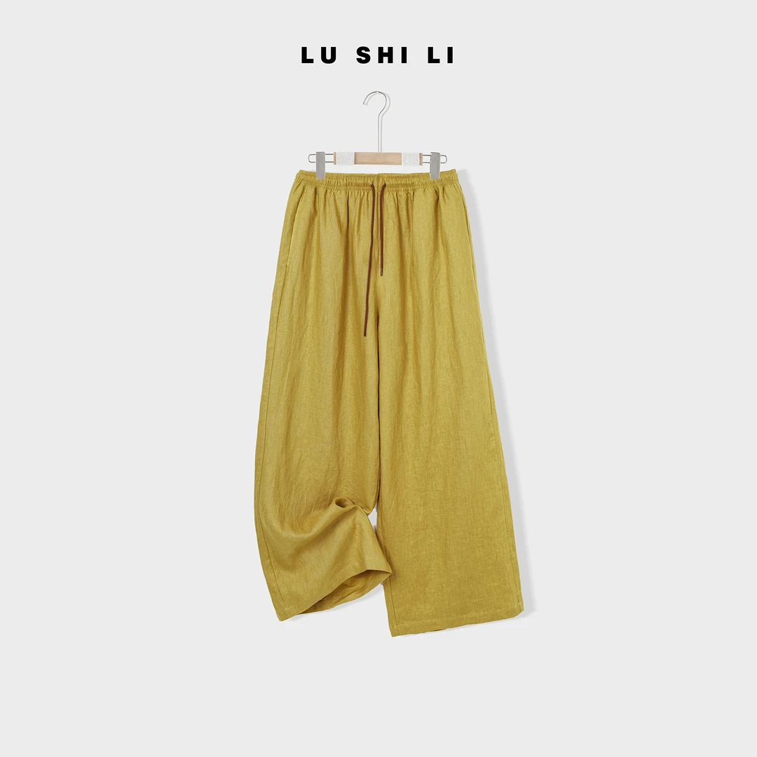 大宁女装 春秋亚麻%100松紧休闲裤裤子抽绳复古休闲直筒35088
