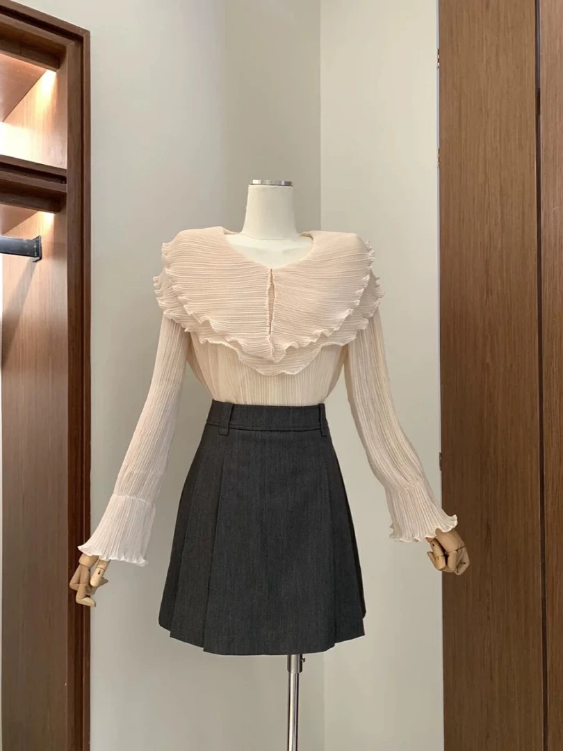 no退 no换韩国25春设计感压褶喇叭袖衬衫荷叶边优雅气质长袖上衣