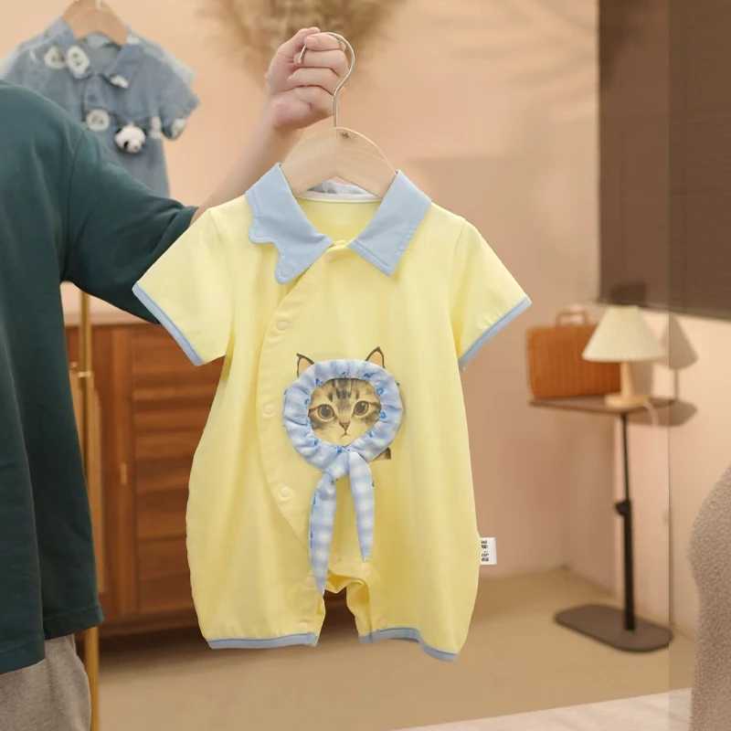 婴儿夏季连体衣男宝女宝新生儿夏装薄款短袖衣服超萌小猫咪外出服