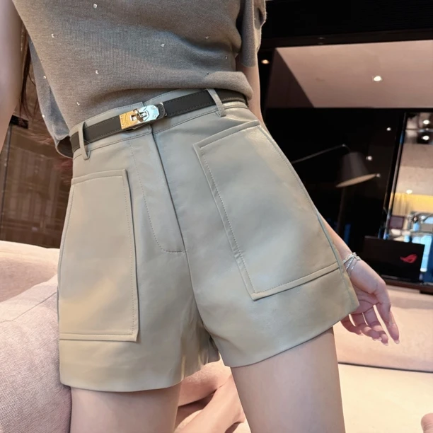 FAY【奶油泡芙】新款气质学院风百搭高腰遮肉显瘦A字短皮裤休闲裤