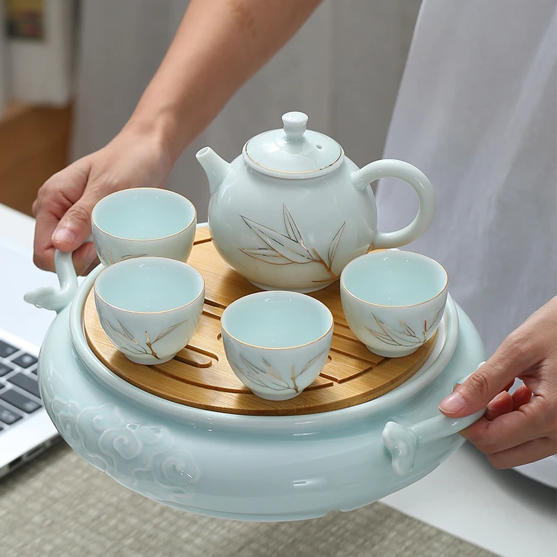 手提陶瓷大茶盘家用中式功夫茶具大套装简约梅子青功夫泡茶器茶杯