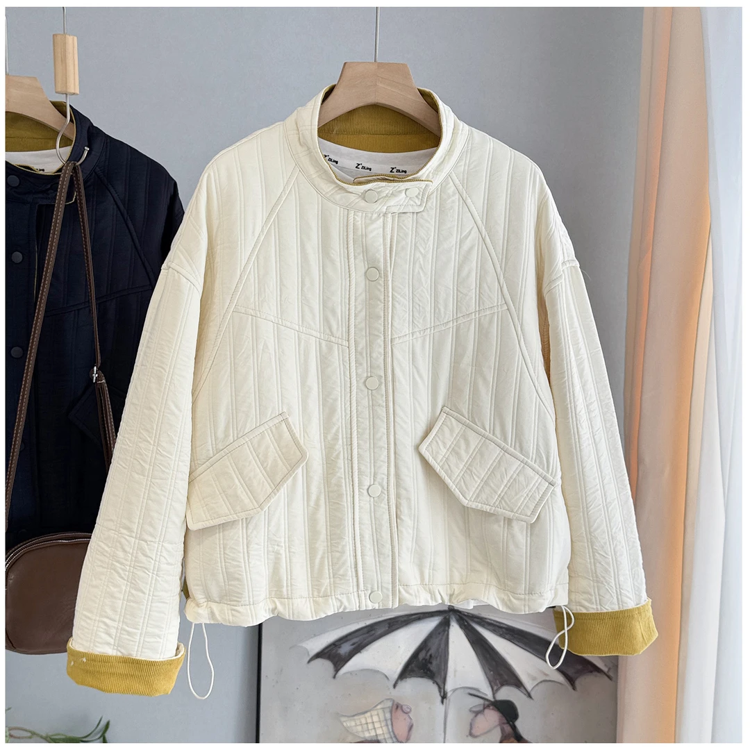 立领拼色二棉短款棉衣女2025秋冬新品韩版小个子宽松休闲棉服外套