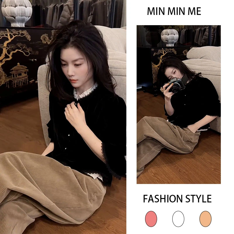 时尚显瘦法式单排扣长袖开衫女搭休闲直筒裤两件套2026春秋季新款