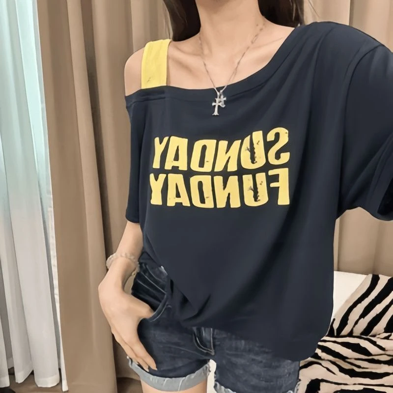 大码斜肩吊带撞色短袖t恤女夏季新款时尚宽松显瘦休闲百搭上衣女