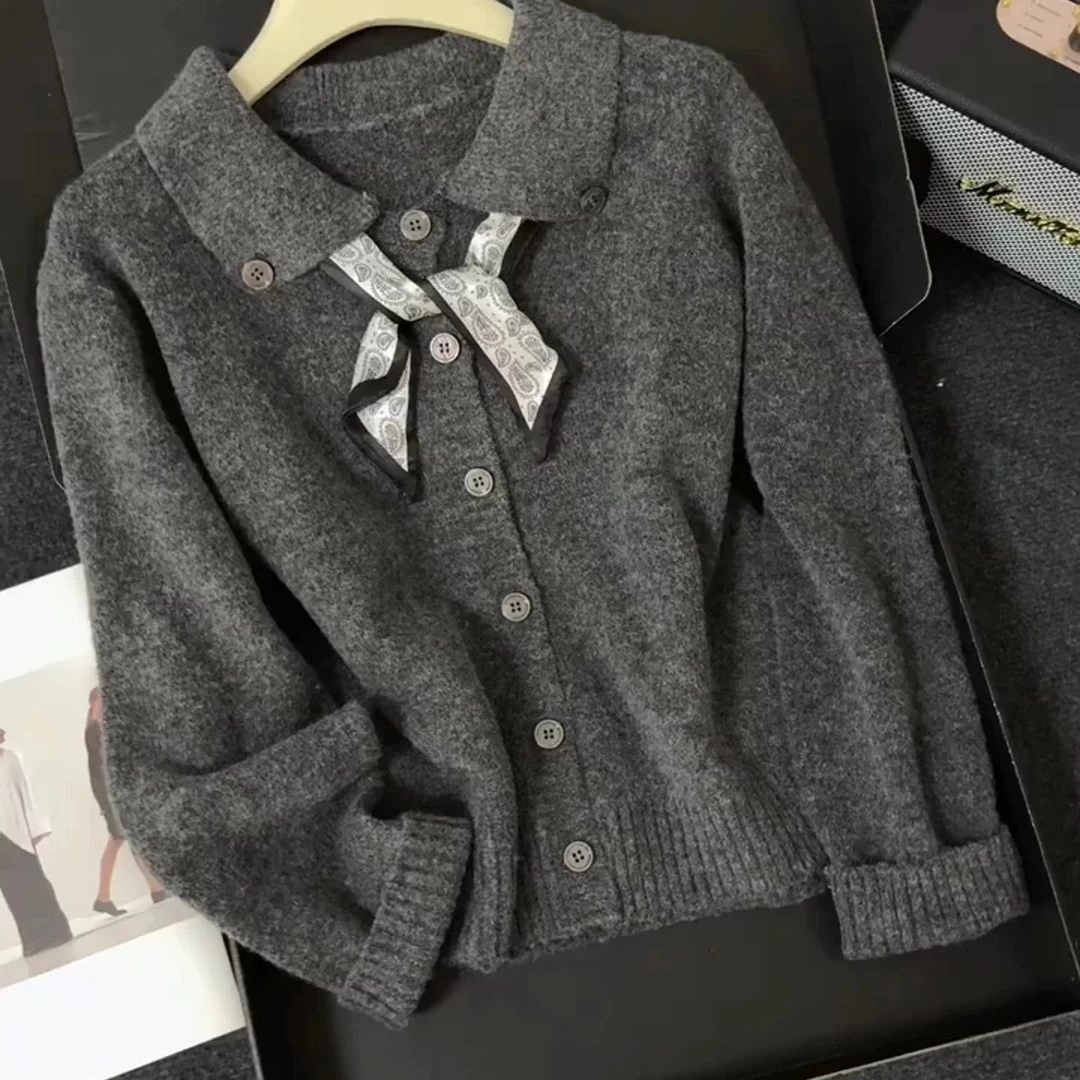Y T原创（带丝带款韩版时尚百搭显瘦设计感休闲洋气毛衣针织）