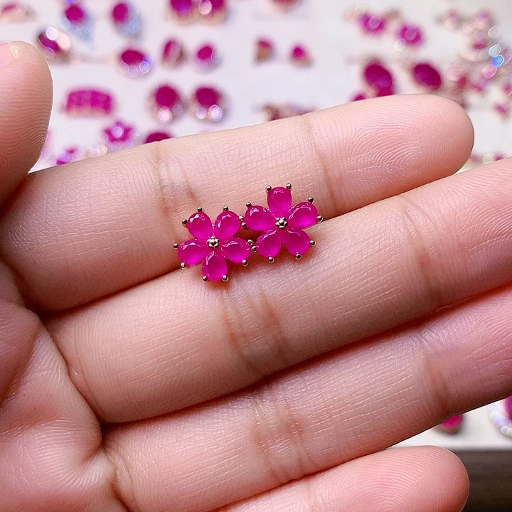 红宝石耳饰银S925镶嵌